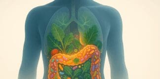 Transparent human torso illustrating how to rebuild gut microbiome with glowing bacteria, leafy greens, and vibrant whole foods inside the digestive tract.