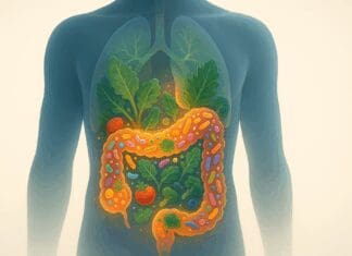 Transparent human torso illustrating how to rebuild gut microbiome with glowing bacteria, leafy greens, and vibrant whole foods inside the digestive tract.