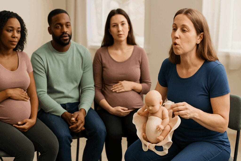 Childbirth educator demonstrating a pregnant pushing technique to diverse expectant parents in a prenatal class setting