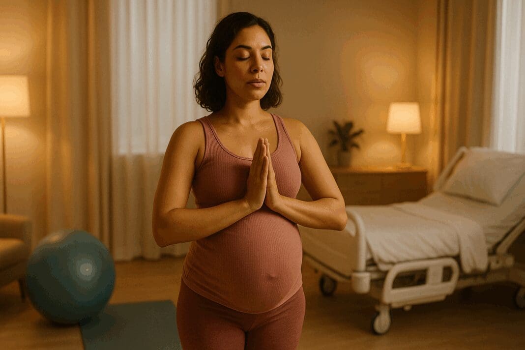 Pregnant woman in a birthing suite practicing breathing techniques before pregnant pushing, standing calmly with hands in prayer pose.