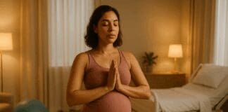 Essential Techniques for Pregnant Pushing: A Powerful Guide to Labor Preparation Pregnant woman in a birthing suite practicing breathing techniques before pregnant pushing, standing calmly with hands in prayer pose.