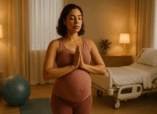 Pregnant woman in a birthing suite practicing breathing techniques before pregnant pushing, standing calmly with hands in prayer pose.