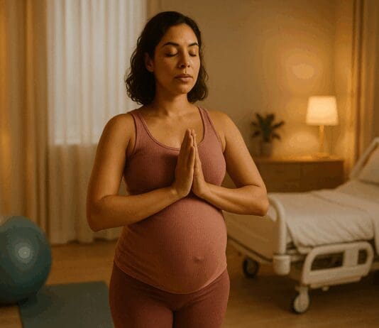Pregnant woman in a birthing suite practicing breathing techniques before pregnant pushing, standing calmly with hands in prayer pose.