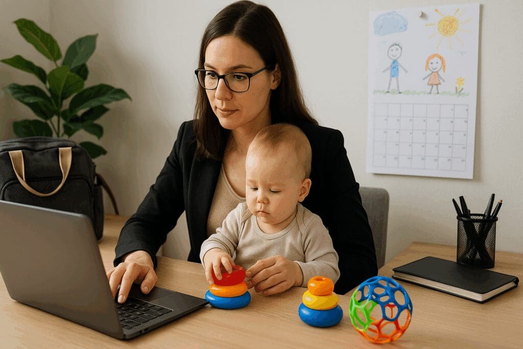 Mother working remotely at home with her 8 months postpartum baby playing nearby in a blended professional and parenting workspace