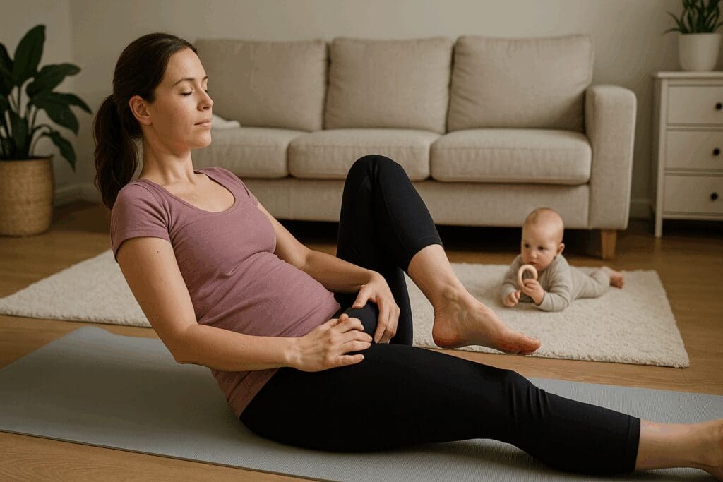Mother doing gentle yoga stretches at home 8 months postpartum while baby plays nearby in a softly lit living room.