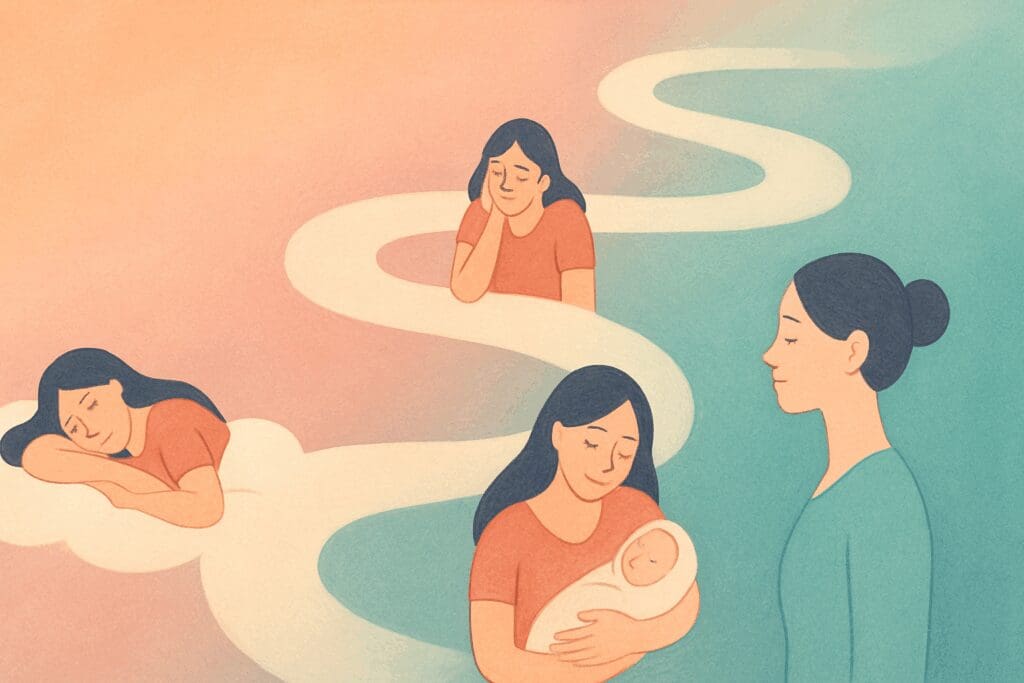 Winding visual path symbolizing emotional and physical stages 8 months postpartum, with gentle color gradients and mother-baby bonding scenes.