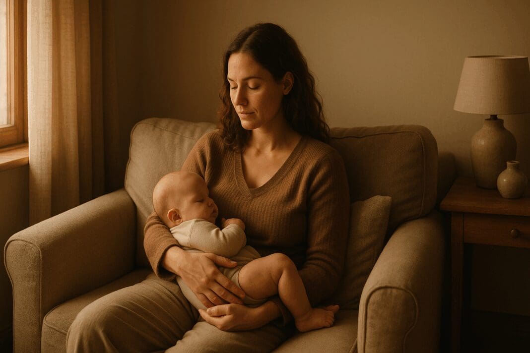 Mother gently holding her baby on a beige sofa in a softly lit home, reflecting a calm moment at 8 months postpartum