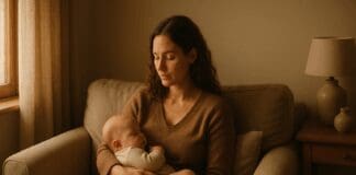 Essential Tips for Navigating Emotional and Physical Changes at 8 Months Postpartum Mother gently holding her baby on a beige sofa in a softly lit home, reflecting a calm moment at 8 months postpartum