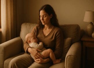 Mother gently holding her baby on a beige sofa in a softly lit home, reflecting a calm moment at 8 months postpartum