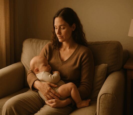 Mother gently holding her baby on a beige sofa in a softly lit home, reflecting a calm moment at 8 months postpartum