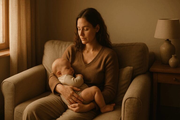 Mother gently holding her baby on a beige sofa in a softly lit home, reflecting a calm moment at 8 months postpartum