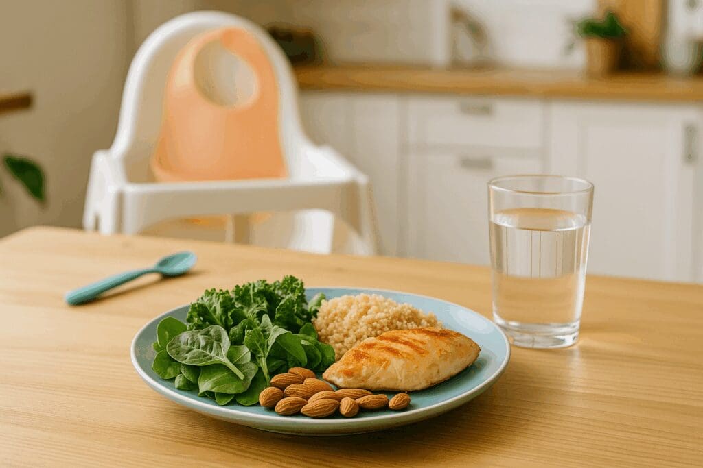 Healthy postpartum meal with leafy greens, quinoa, grilled chicken, almonds, and water in a bright kitchen, reflecting 8 months postpartum nutrition.
