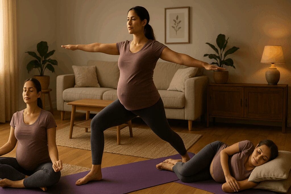Pregnant woman practicing yoga positions for pregnancy third trimester in a cozy home at morning, afternoon, and evening.