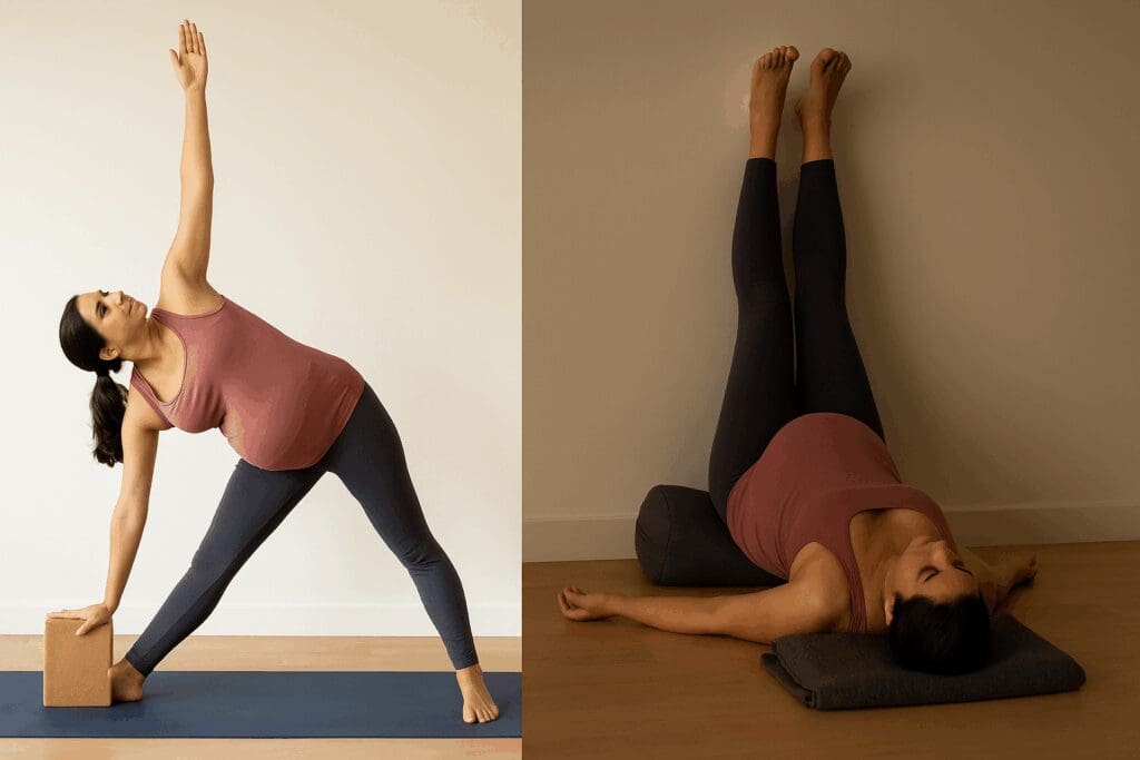 Pregnant woman transitioning from Modified Triangle Pose to Legs-Up-the-Wall in a calm indoor space, illustrating yoga positions for pregnancy third trimester.