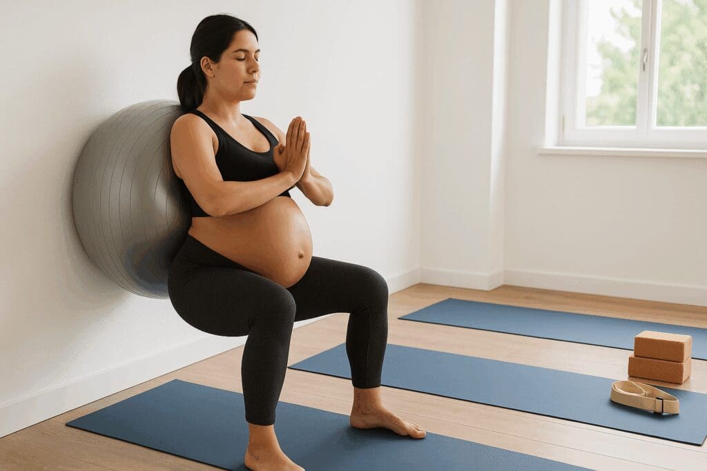 Pregnant woman in third trimester holding a supported wall squat with yoga ball in studio, demonstrating yoga positions for pregnancy third trimester
