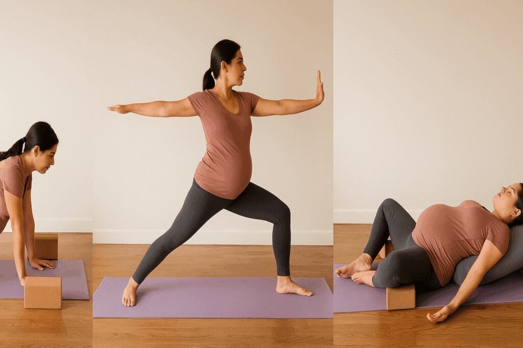 Pregnant woman in third trimester practicing yoga positions for pregnancy third trimester, including Cat-Cow, Warrior II with wall support, and Reclined Bound Angle Pose in a calm indoor setting.