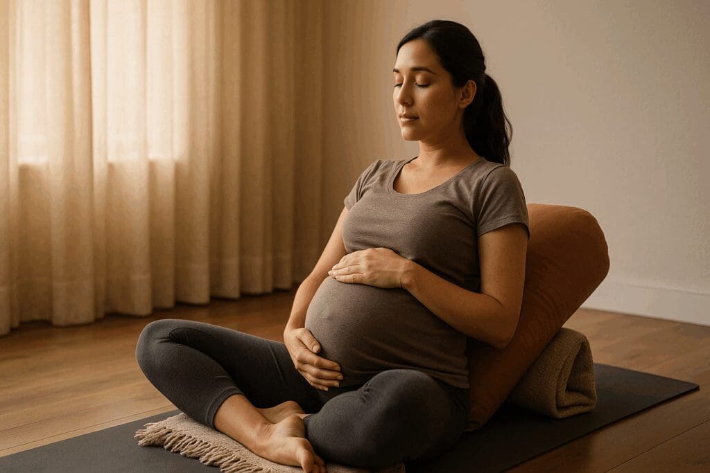 Pregnant woman in third trimester sitting calmly in a supported yoga pose at home, demonstrating yoga positions for pregnancy third trimester.