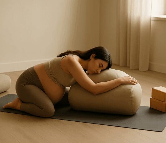 Pregnant woman in third trimester practicing supported child's pose in a serene yoga studio, demonstrating yoga positions for pregnancy third trimester