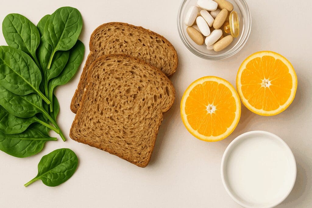 Whole grain bread with spinach, oranges, milk, and supplements illustrating is bread good for pregnant women through micronutrient-rich foods.
