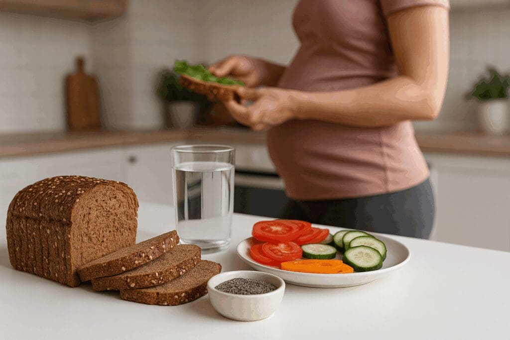 Sliced sprouted grain bread with chia seeds, vegetables, and water on a counter as a pregnant woman prepares a sandwich—answering is bread good for pregnant women.