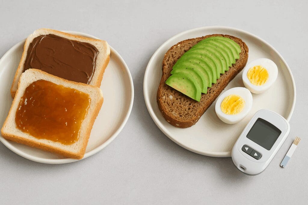 High-fiber whole grain bread with avocado and boiled egg beside white bread with sugary spreads, illustrating dietary choices for the question is bread good for pregnant women.