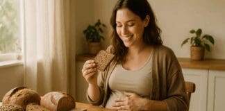 Is Bread Good for Pregnant Women? A Vital Look at Nutrition Choices During Pregnancy Smiling pregnant woman holding whole grain bread at a breakfast table with avocado and seeds, highlighting is bread good for pregnant women