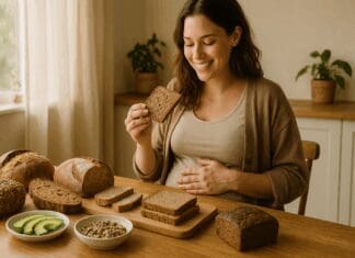 Smiling pregnant woman holding whole grain bread at a breakfast table with avocado and seeds, highlighting is bread good for pregnant women