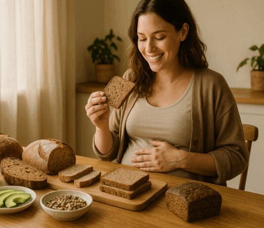 Smiling pregnant woman holding whole grain bread at a breakfast table with avocado and seeds, highlighting is bread good for pregnant women
