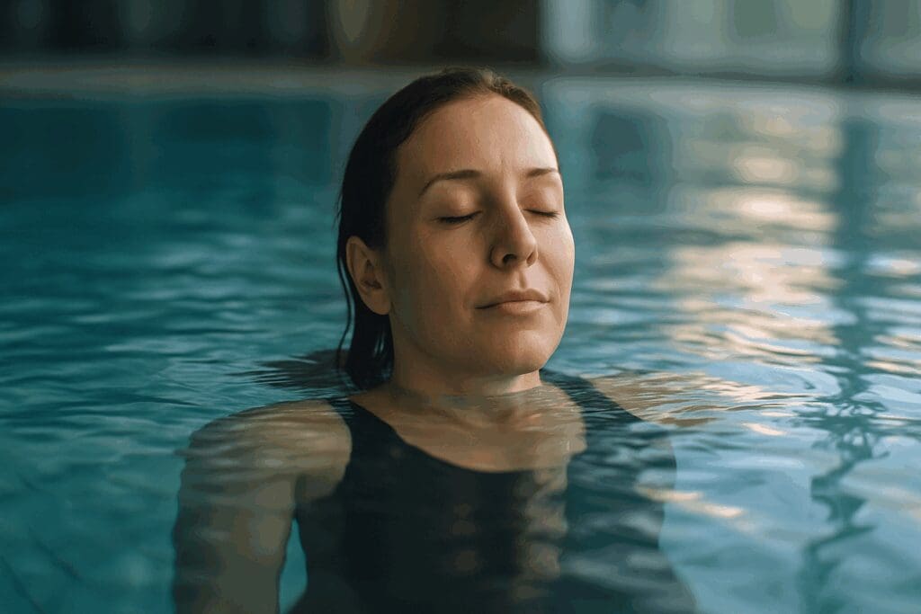 Mother floating peacefully in a pool with eyes closed, reflecting emotional healing through swimming after c section.