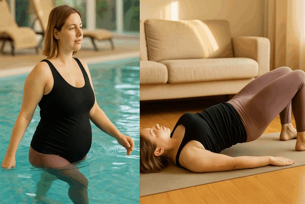 Postpartum mother balancing swimming after c section with gentle pelvic floor yoga in a warm, natural light setting