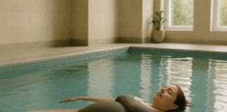 Postpartum woman floating peacefully in an indoor pool, illustrating swimming after c section as a gentle recovery method.