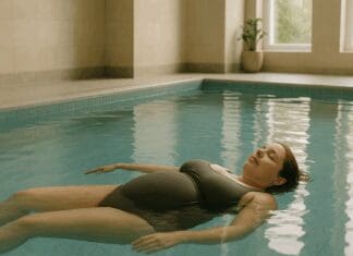 Postpartum woman floating peacefully in an indoor pool, illustrating swimming after c section as a gentle recovery method.