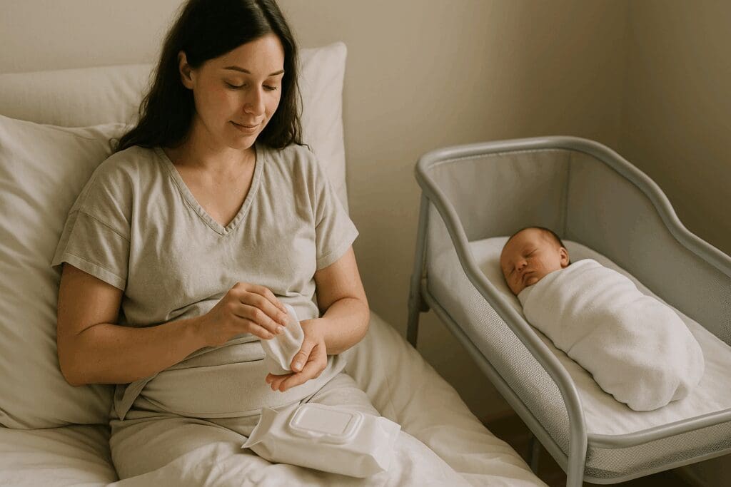 Mother recovering from a C-section gently using postpartum wipes beside her sleeping newborn in a hospital bassinet