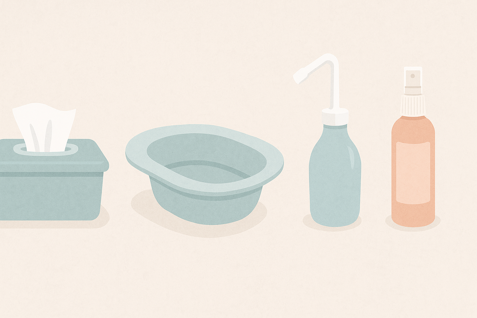 Side-by-side diagram of postpartum wipes, sitz bath, peri bottle, and cooling spray used for perineal care after childbirth
