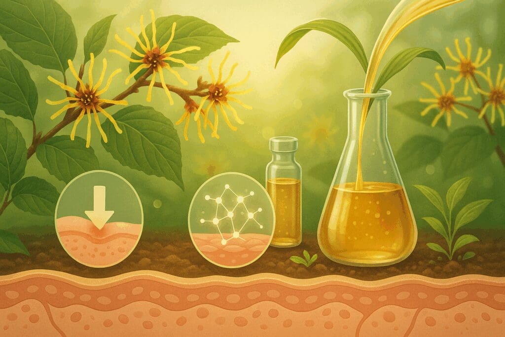 Botanical illustration of witch hazel leaves and blossoms with liquid extract flowing into vials, symbolizing the natural healing power behind postpartum wipes.