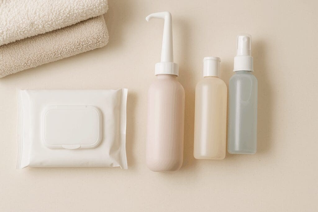 Top-down view of postpartum wipes, peri bottle, gentle cleanser, witch hazel spray, and soft towels neatly arranged on a bathroom counter.