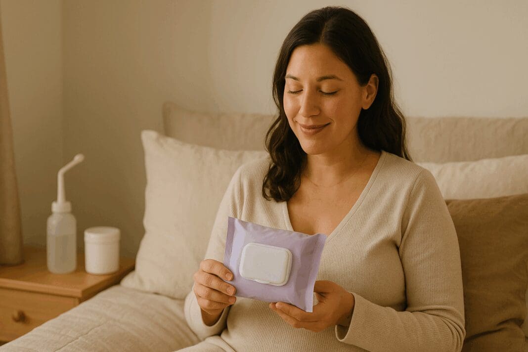 New mother resting on a bed holding postpartum wipes beside peri bottle and witch hazel pads in a cozy recovery room.