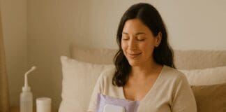 The Essential Benefits of Using Postpartum Wipes for Soothing Recovery After Birth New mother resting on a bed holding postpartum wipes beside peri bottle and witch hazel pads in a cozy recovery room.