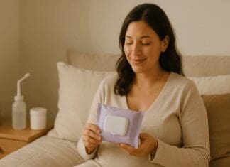 New mother resting on a bed holding postpartum wipes beside peri bottle and witch hazel pads in a cozy recovery room.