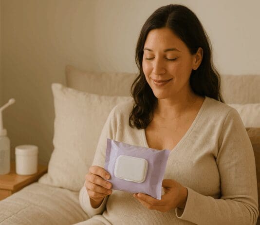 New mother resting on a bed holding postpartum wipes beside peri bottle and witch hazel pads in a cozy recovery room.