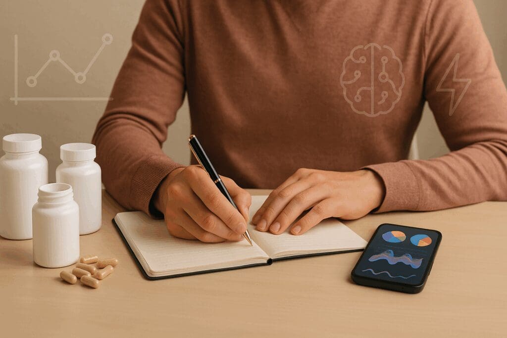 Person journaling at a desk with open memory support supplement bottles, smartphone health tracker, and abstract brain performance icons.