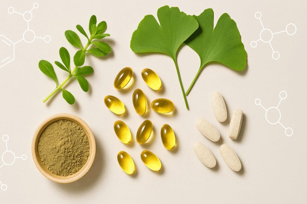 Flat-lay of Bacopa monnieri, Ginkgo leaves, fish oil capsules, and B-complex tablets—natural ingredients in a memory support supplement.