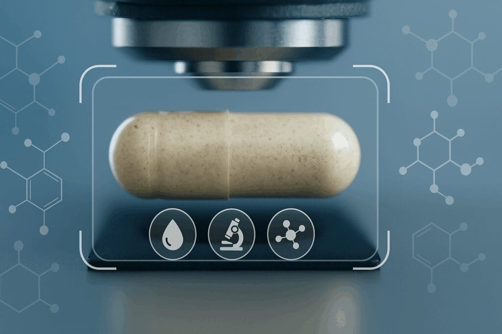 Close-up of a memory support supplement capsule under a microscope with molecular structures and purity, research, and bioavailability icons.