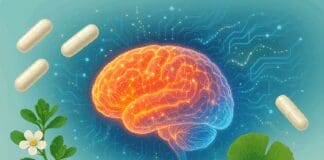 The Essential Guide to Choosing a Memory Support Supplement Backed by Science Glowing human brain with Bacopa, Ginkgo leaves, and capsules symbolizing a natural memory support supplement.