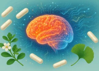 Glowing human brain with Bacopa, Ginkgo leaves, and capsules symbolizing a natural memory support supplement.