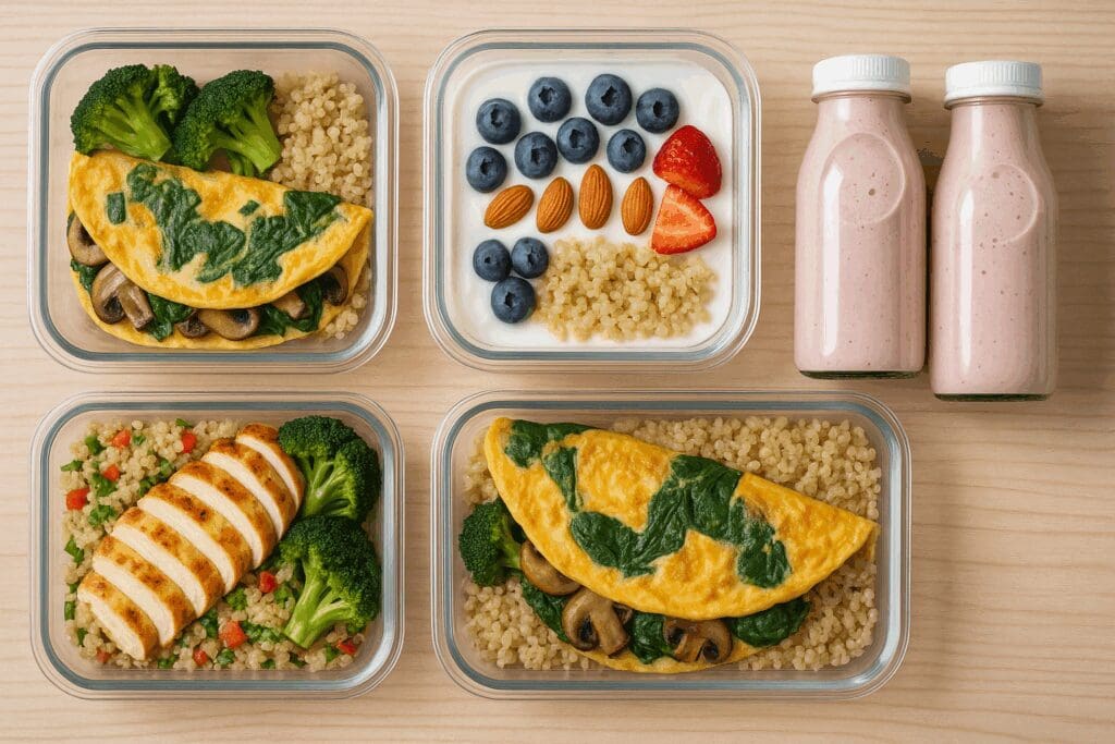 Meal prep containers with spinach mushroom omelets, quinoa salad, yogurt with almonds and berries, and smoothies—ideal for managing vitamin b2 dosage per day.