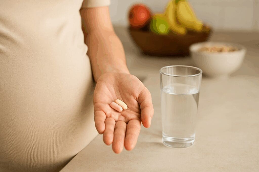 Pregnant woman holding two prenatal capsules beside a glass of water on a kitchen counter, illustrating vitamin b2 dosage per day.