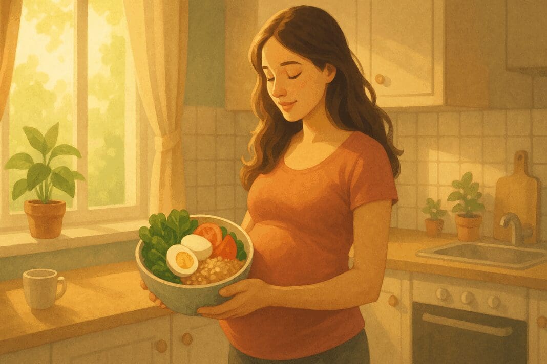 Pregnant woman in sunlit kitchen holding a bowl of whole foods rich in vitamin B2 dosage per day, including leafy greens, eggs, and grains