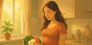 The Essential Guide to Safe Pregnancy Nutrition: Understanding Vitamin B2 Dosage Per Day Pregnant woman in sunlit kitchen holding a bowl of whole foods rich in vitamin B2 dosage per day, including leafy greens, eggs, and grains