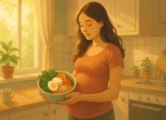 Pregnant woman in sunlit kitchen holding a bowl of whole foods rich in vitamin B2 dosage per day, including leafy greens, eggs, and grains